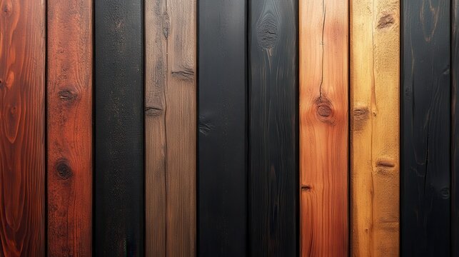 A vertical array of wooden planks in multiple natural colors