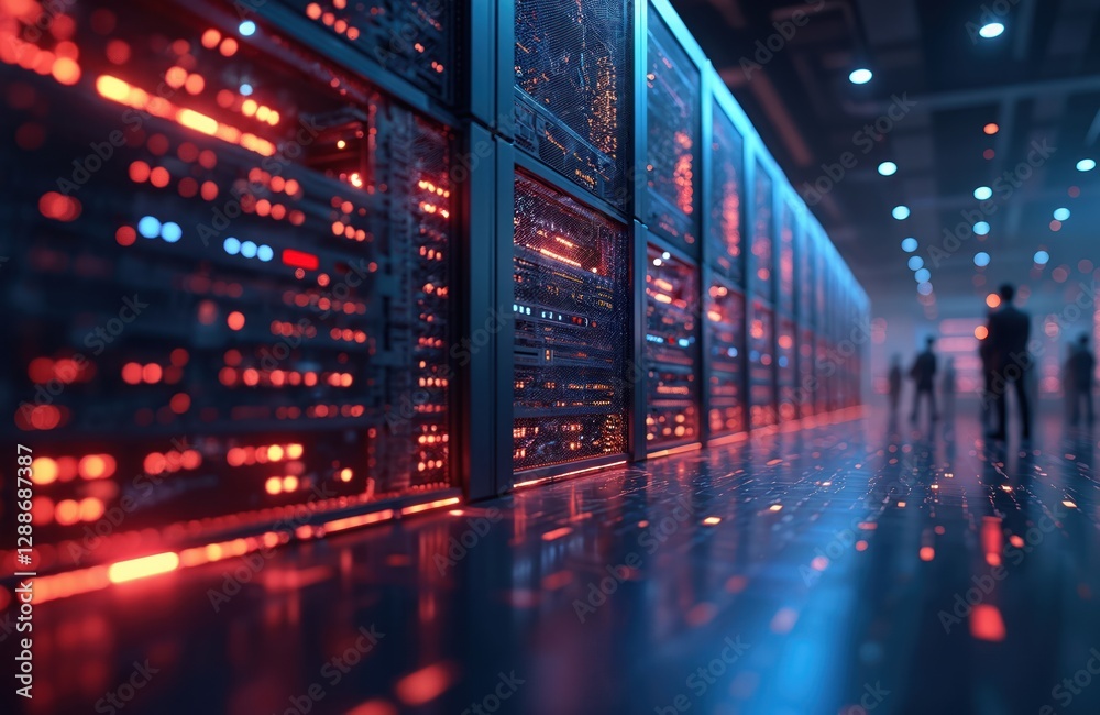Poster Data center featuring rows of server racks with blinking lights. Information digitalization, cloud computing, web service technology. AI generated big data processing, data storage, networking,