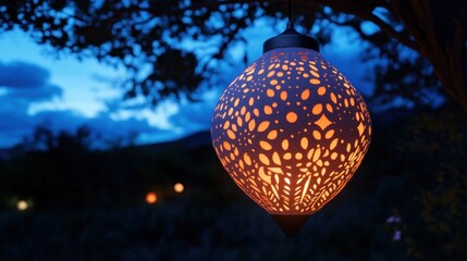 Fototapeta premium Illuminated outdoor lantern hanging at dusk, garden backdrop, ambient lighting