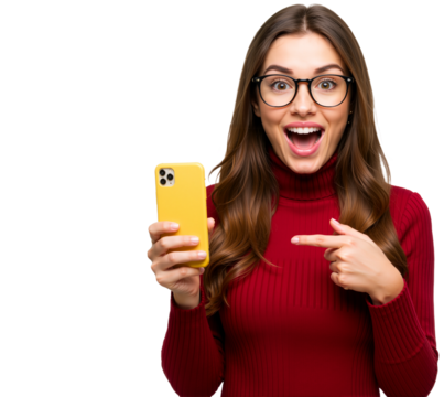 Woman Pointing at Her Smartphone with a Surprised and Excited Facial Expression on a Transparent Background, PNG format