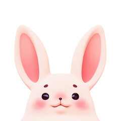 Portrait of simple cute kawaii fluffy cartoon easter bunny with eyebrows, pink ears, cheeks, happy facial expression. Lovely baby animal for children's greeting cards. 3d render on white background.
