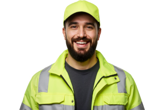 Portrait of a Smiling Manufacturing Worker Wearing a Hat, Isolated on a Transparent Background, PNG Format