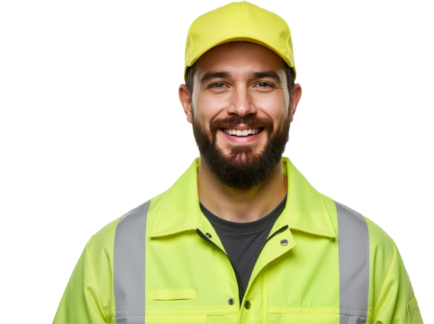 Portrait of a Smiling Manufacturing Worker Wearing a Hat, Isolated on a Transparent Background, PNG Format