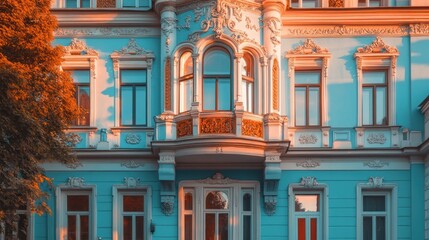 Obraz premium Blue mansion sunset facade urban architecture