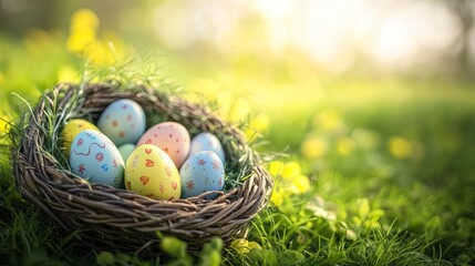 Fototapeta premium easter eggs in a nest, close up of a easter eggs in the basket