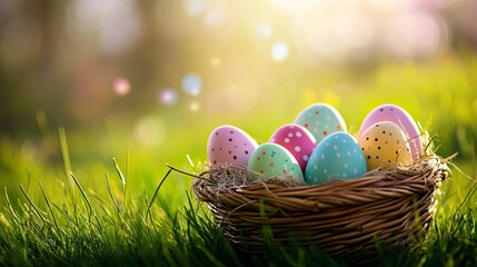 Obraz premium easter eggs in a nest, close up of a easter eggs in the basket