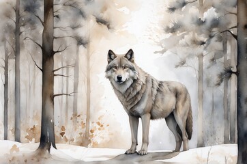 Wolf standing majestically in a snow-covered forest during a serene winter afternoon