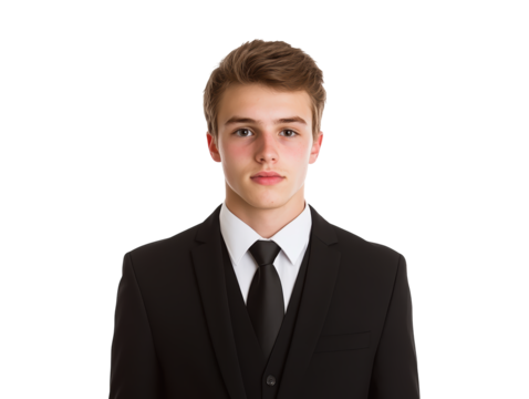 A young man in a formal black suit stands confidently, showcasing a polished appearance and professional demeanor.