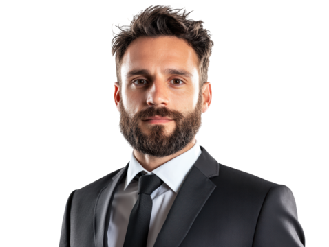 A well-groomed man in a formal suit, featuring a beard and confident expression.