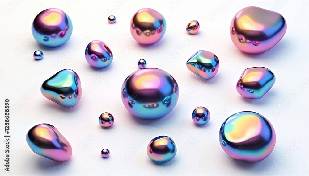 Poster illustration of iridescent chrome fluid bubbles on white. abstract holographic metal blobs with rain
