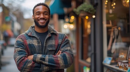 Fototapeta premium Small business success story feature, entrepreneur standing proudly outside storefront, showing pride in their journey