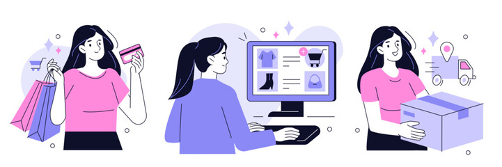 Shopping and delivery set. Woman character buy online, purchase by credit card, receive parcel. E-commerce, internet marketing, retail concept. Vector illustration.