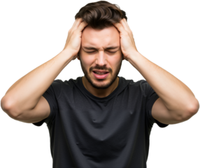 Young man suffering from an intense headache, holding head in pain, looking miserable and exhausted. Concept of stress and discomfort, PNG format
