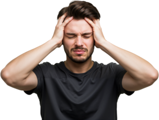 Young man suffering from an intense headache, holding head in pain, looking miserable and exhausted. Concept of stress and discomfort, PNG format