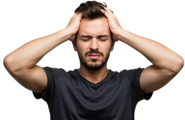 Young man suffering from an intense headache, holding head in pain, looking miserable and exhausted. Concept of stress and discomfort, PNG format