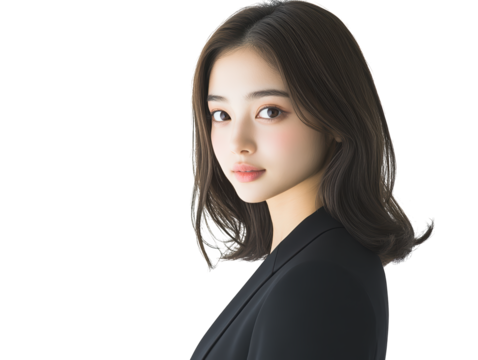 A young woman with long dark hair, wearing a black blazer, gazes thoughtfully to the side, showcasing her delicate features and subtle makeup.