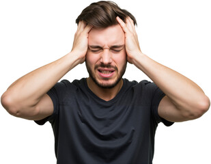 Fototapeta premium Young man suffering from an intense headache, holding head in pain, looking miserable and exhausted. Concept of stress and discomfort, PNG format