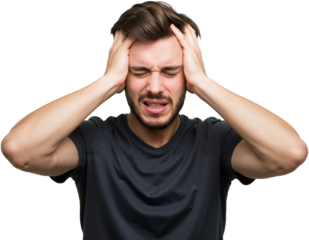 Young man suffering from an intense headache, holding head in pain, looking miserable and exhausted. Concept of stress and discomfort, PNG format