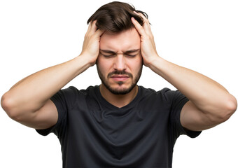 Fototapeta premium Young man suffering from an intense headache, holding head in pain, looking miserable and exhausted. Concept of stress and discomfort, PNG format