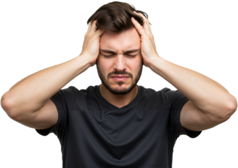 Young man suffering from an intense headache, holding head in pain, looking miserable and exhausted. Concept of stress and discomfort, PNG format