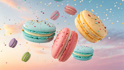 Floating colorful macarons with candy sprinkles gradient, macarons, colorful, candy, sprinkles, macarons 