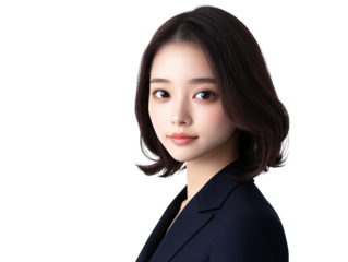 A portrait of a woman with dark hair, wearing a blazer, displaying a confident expression and elegant features.