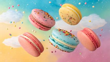 Floating colorful macarons with candy sprinkles gradient, macarons, colorful, candy, sprinkles, macarons 