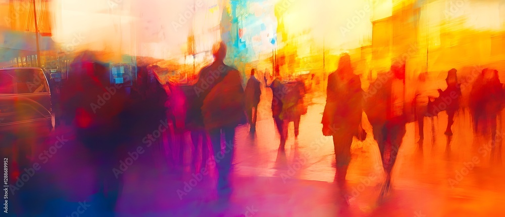 Poster vibrant blurred image of a large crowd of people walking on an illuminated city street at night the 