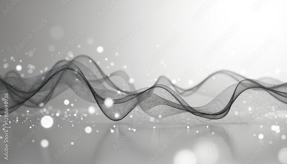 Aufkleber Grayscale image of digital wave pattern created by network nodes, lines with bokeh lights. Sophisticated three-dimensional render, modern tech visualisation of artificial intelligence, cyberspace,