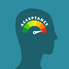 Acceptance level meter on a person head profile view. Mental health concept illustration.