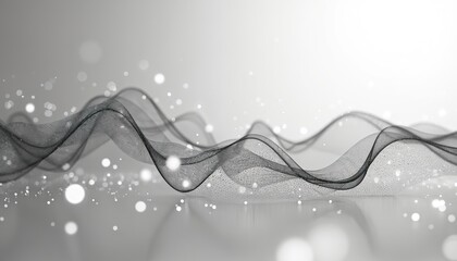 Grayscale image of digital wave pattern created by network nodes, lines with bokeh lights. Sophisticated three-dimensional render, modern tech visualisation of artificial intelligence, cyberspace,