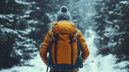 A person in a yellow jacket hiking through a snowy forest path.