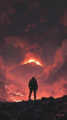 Fototapeta premium Silhouetted figure observes fiery volcanic eruption.