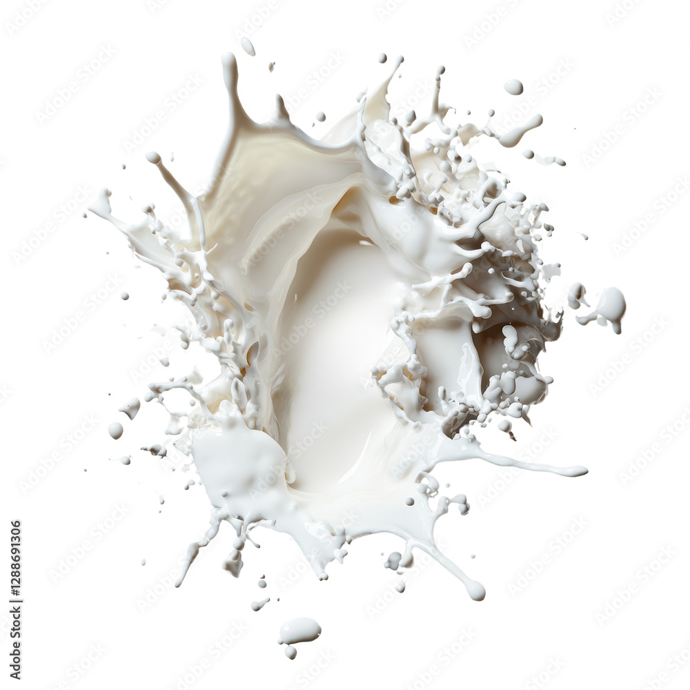 Poster splash of milk creating dynamic patterns in a dark background with droplets and fluid motion isolate