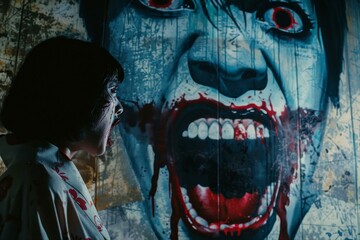 Haunting Kimono Figure Adjacent to an Enigmatic Wall Depiction of a Visceral and Bloody Monster