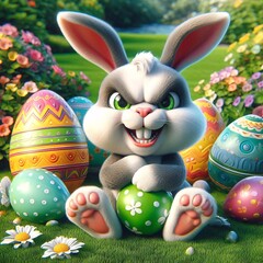 Mean Easter bunny with eggs outside