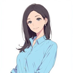 Elegant Woman in Blue Shirt with Gentle Smile and Sparkly Earring Beautiful Anime Style Portraiture