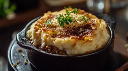 Comforting Shepherd's Pie with Golden Brown Topping in Cast Iron Dish