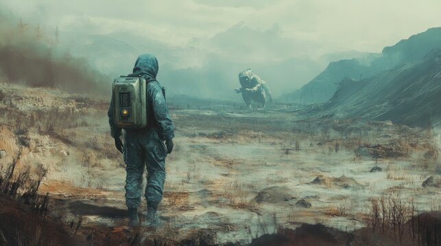 Post-apocalyptic landscape; lone figure confronts creature.