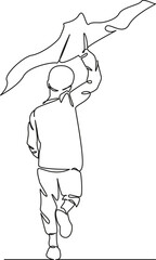 One continuous single drawing line art flat doodle child, boy, summer, flying, fun, sky, playing, kite, running. Isolated image hand draw contour on a white background, hand drawn, not AI