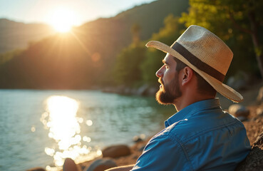 Bearded man in hat rests near water at sunset. Guy relaxes lake shore enjoying calm, peaceful time on summer vacation. Male contemplates nature in sunlight. Coastal serenity, relaxation time.