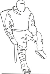 One continuous single drawing line art flat doodle person, man, patient, recovery, bandage, crutch, leg, male, adult, broken. Isolated image hand draw contour on a white background, hand drawn, not AI