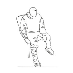 One continuous single drawing line art flat doodle person, man, patient, recovery, bandage, crutch, leg, male, adult, broken. Isolated image hand draw contour on a white background, hand drawn, not AI