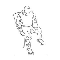 One continuous single drawing line art flat doodle person, man, patient, recovery, bandage, crutch, leg, male, adult, broken. Isolated image hand draw contour on a white background, hand drawn, not AI