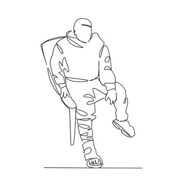 recommend clip art: One continuous single drawing line art flat doodle person, man, patient, recovery, bandage, crutch, leg, male, adult, broken. Isolated image hand draw contour on a white background, hand drawn, not AI