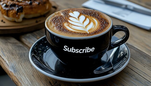 Cappuccino with leaf latte art pattern in black cup on wooden table. Fresh coffee drink with creamy foam and artistic milk design served with pastries.