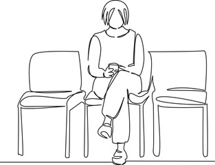 One continuous single drawing line art flat doodle mobile phone, chair, woman, adult, female, sitting, phone, technology, hand. Isolated image hand draw contour on a white background, hand drawn, not 