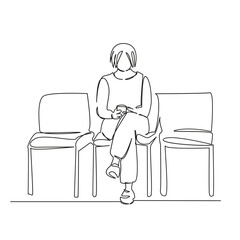 One continuous single drawing line art flat doodle mobile phone, chair, woman, adult, female, sitting, phone, technology, hand. Isolated image hand draw contour on a white background, hand drawn, not 