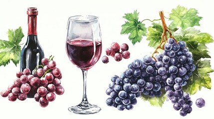 Dark moody watercolor themes. Dark moody watercolor themes. Red wine and grapes in artistic presentation.
