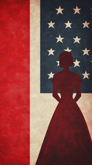 A silhouette of a woman in a dress stands against a backdrop featuring the American flag and a southern flag, symbolizing historical themes and cultural identity.